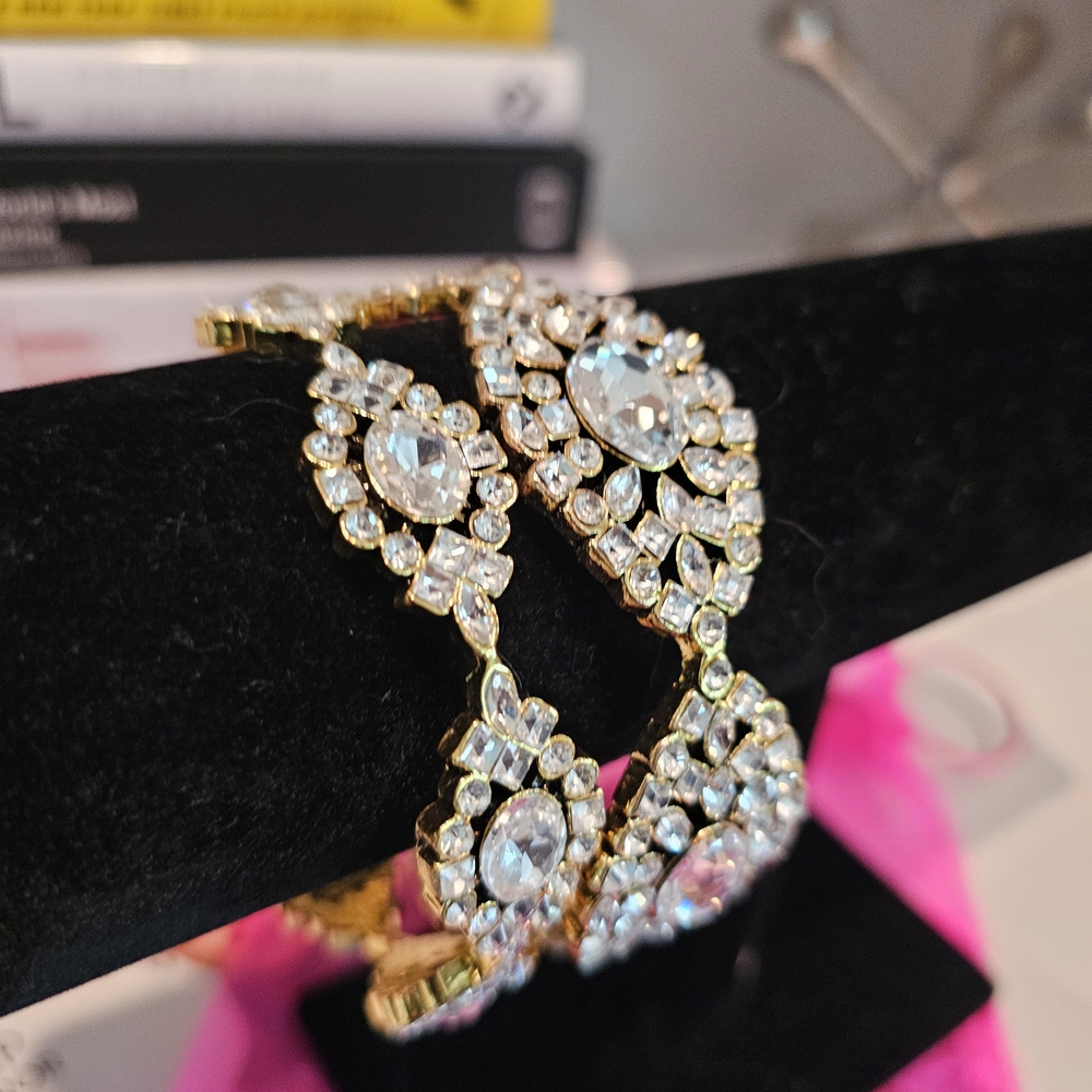 Elegant Crystal Gold-Tone Statement Bracelet - Clear Crystal (SASSY JONES) - Picture 4 of 6